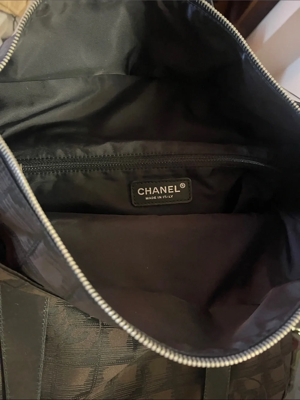 CHANEL Black and Brown Logo Jacquard Tote with Leather Handles